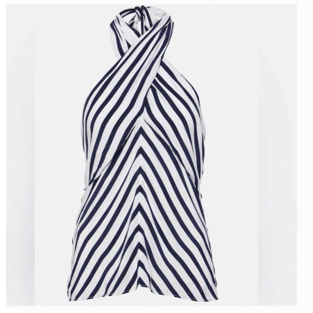 STAUD Dawn Tie-Neck Striped Crossover Halter Top Large Navy White Sleeveless